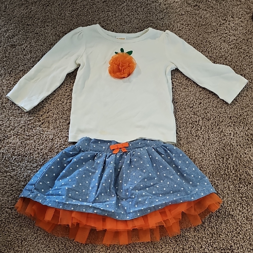 Gymboree Long Sleeve Tulle Pumpkin Shirt With Matching Tulle Chambray Skirt
